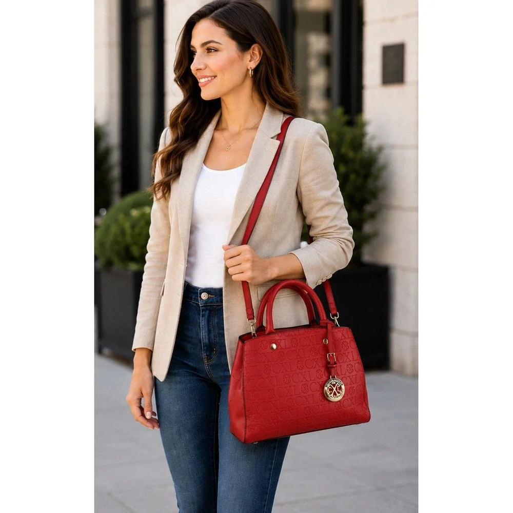 CHRISTIAN LACROIX Embossed Logo Satchel Red Convertible Shoulder Bag
